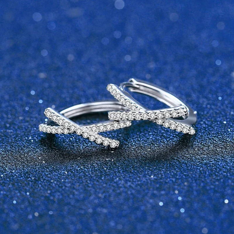 Crossed Pavé Moissanite 925 Sterling Silver Hoop Earrings