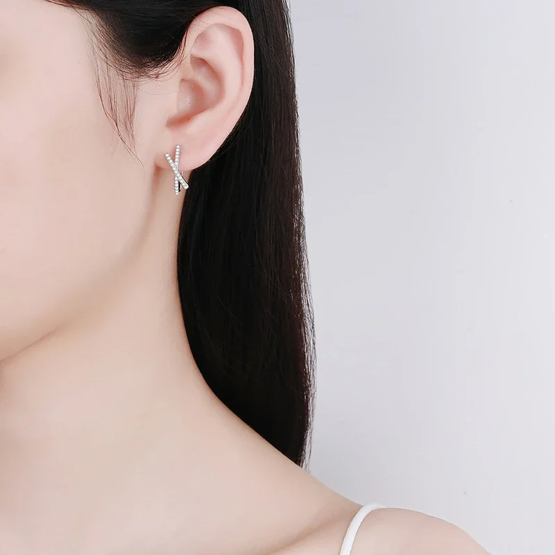 Crossed Pavé Moissanite 925 Sterling Silver Hoop Earrings