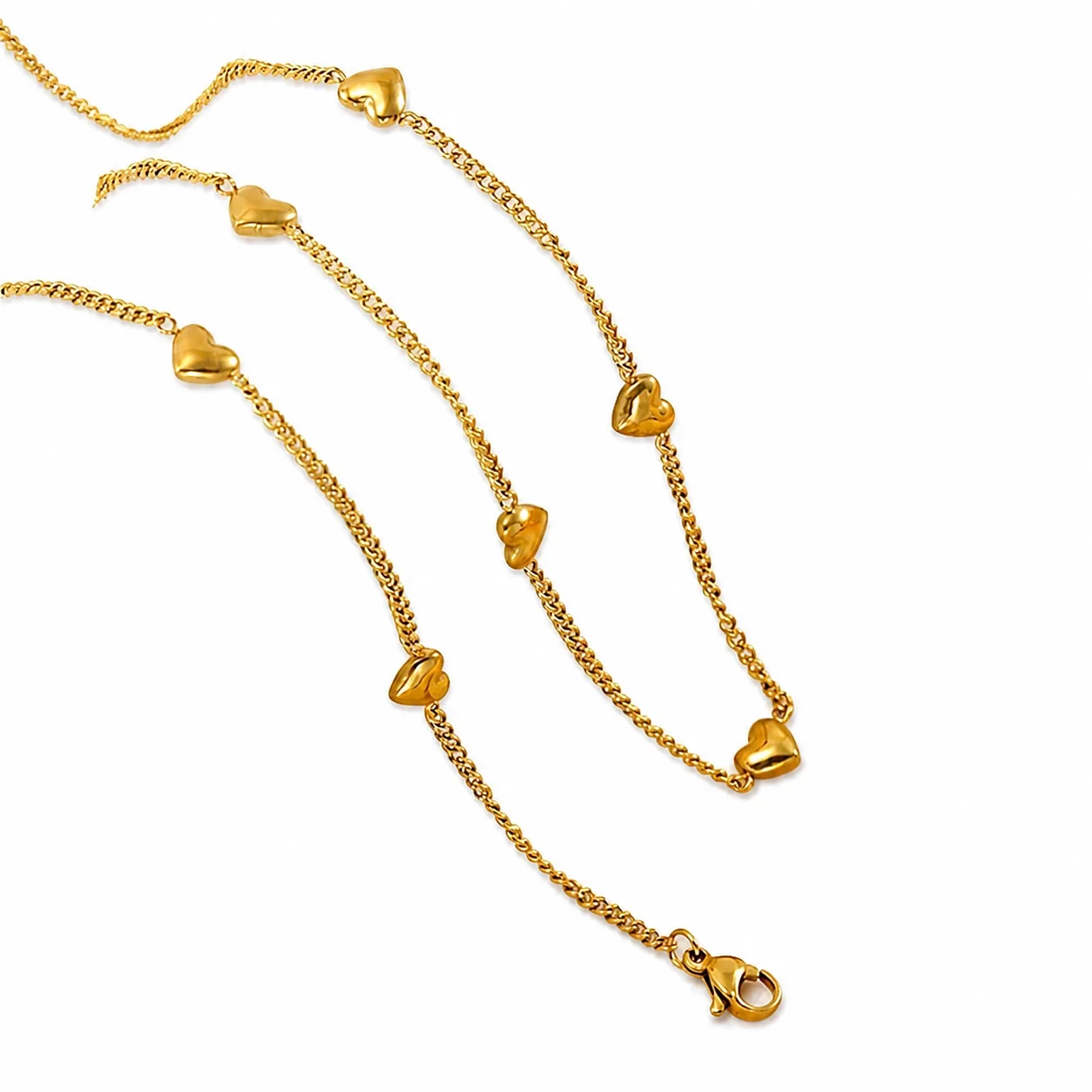 Polished Gold-Plated Heart Curb Chain Stainless Steel Jewelry Set