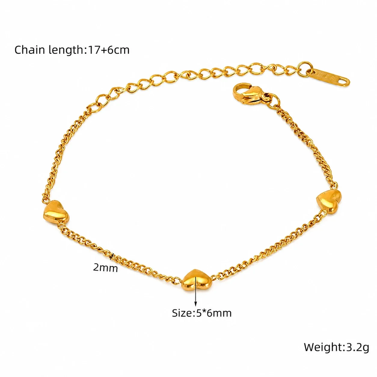 Polished Gold-Plated Heart Curb Chain Stainless Steel Jewelry Set - Gold