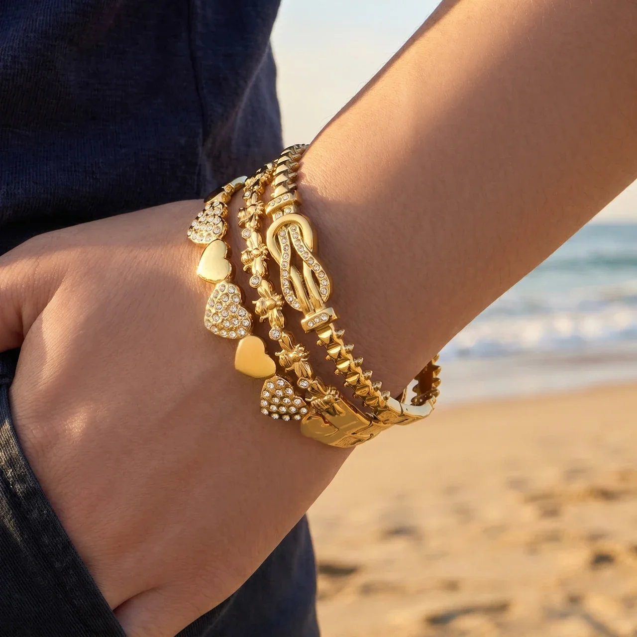 Sculptural 18K Gold-Plated CZ Heart Buckle Bangle