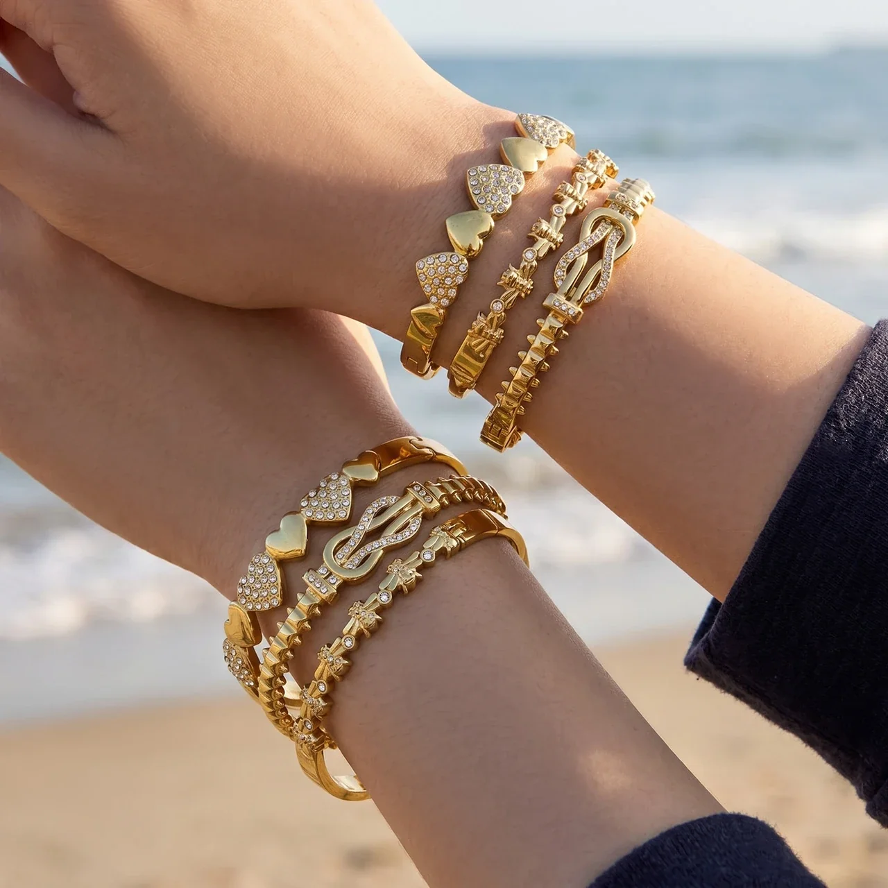 Sculptural 18K Gold-Plated CZ Heart Buckle Bangle