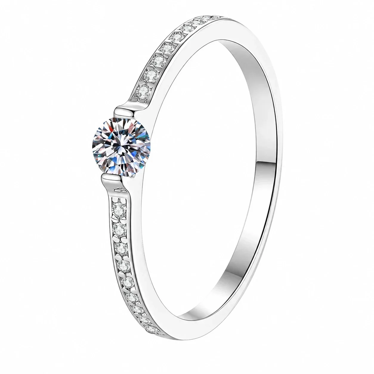 Delicate Round Moissanite Pavé 925 Sterling Silver Ring