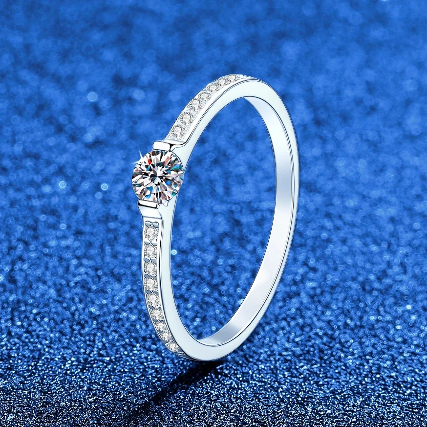 Delicate Round Moissanite Pavé 925 Sterling Silver Ring