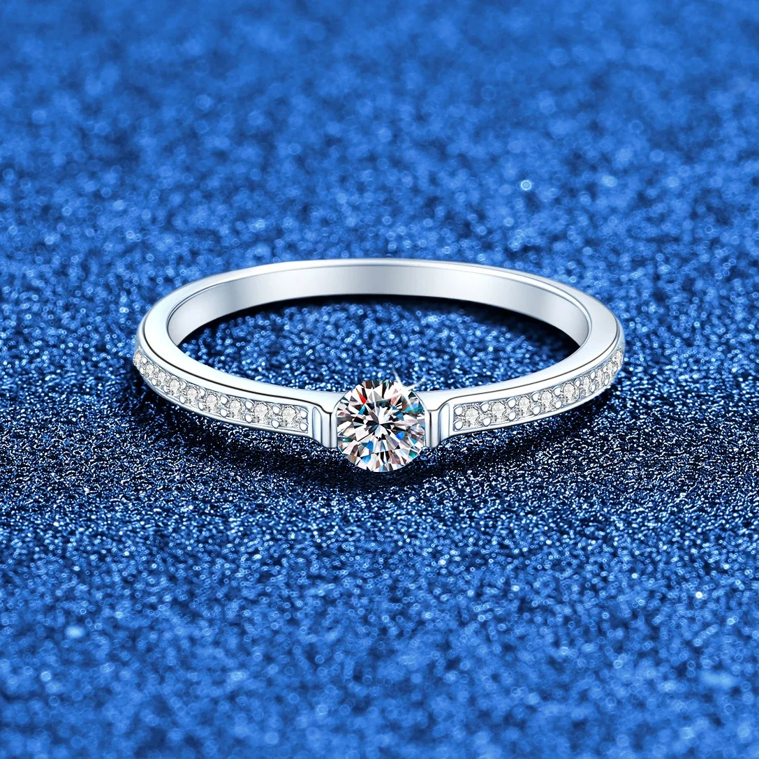 Delicate Round Moissanite Pavé 925 Sterling Silver Ring