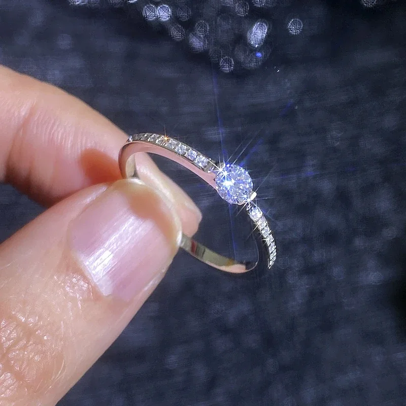 Delicate Round Moissanite Pavé 925 Sterling Silver Ring