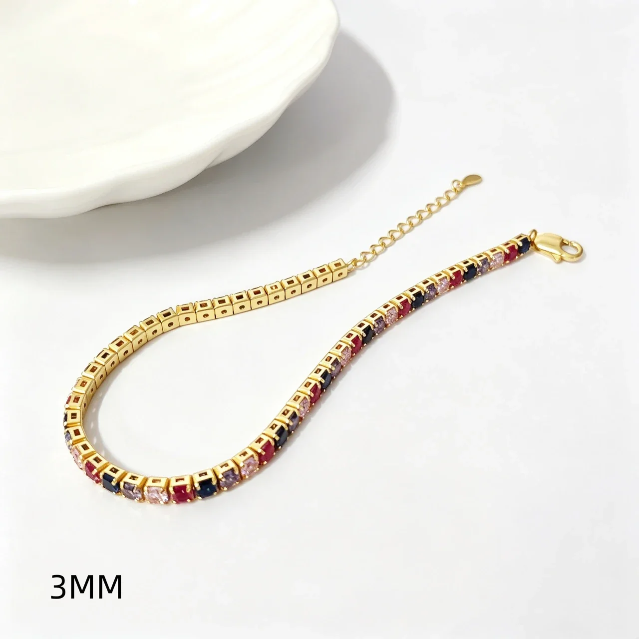 Vibrant 925 Sterling Silver Round Prong-Set Tennis Bracelet - 3 mm Multicolour Cubic Zirconia Gold