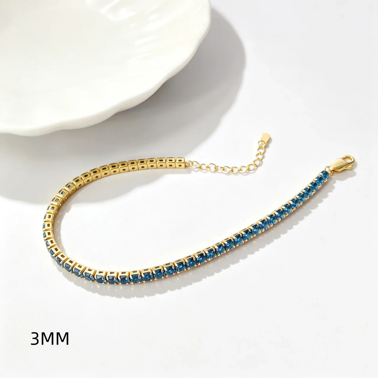 Vibrant 925 Sterling Silver Round Prong-Set Tennis Bracelet - 3 mm Blue Cubic Zirconia Gold