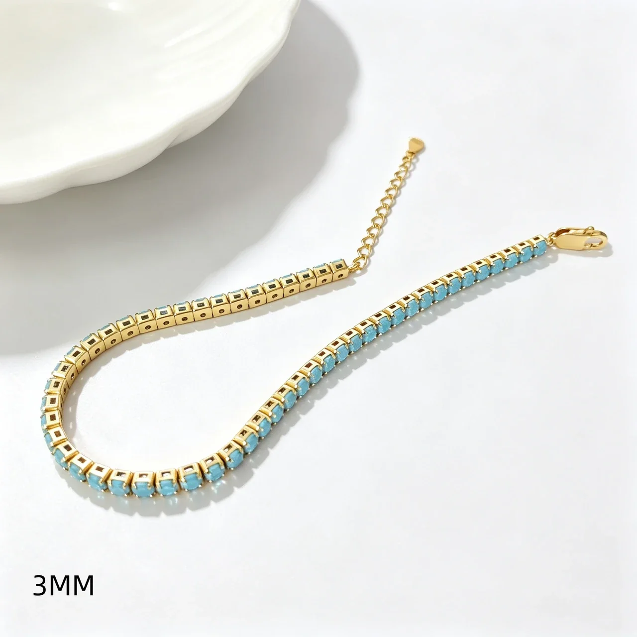 Vibrant 925 Sterling Silver Round Prong-Set Tennis Bracelet - 3 mm Turquoise Blue Cubic Zirconia Gold