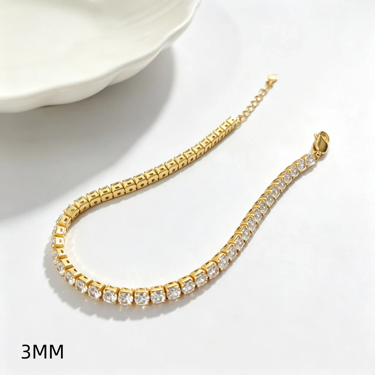 Vibrant 925 Sterling Silver Round Prong-Set Tennis Bracelet - 3 mm Clear Cubic Zirconia Gold