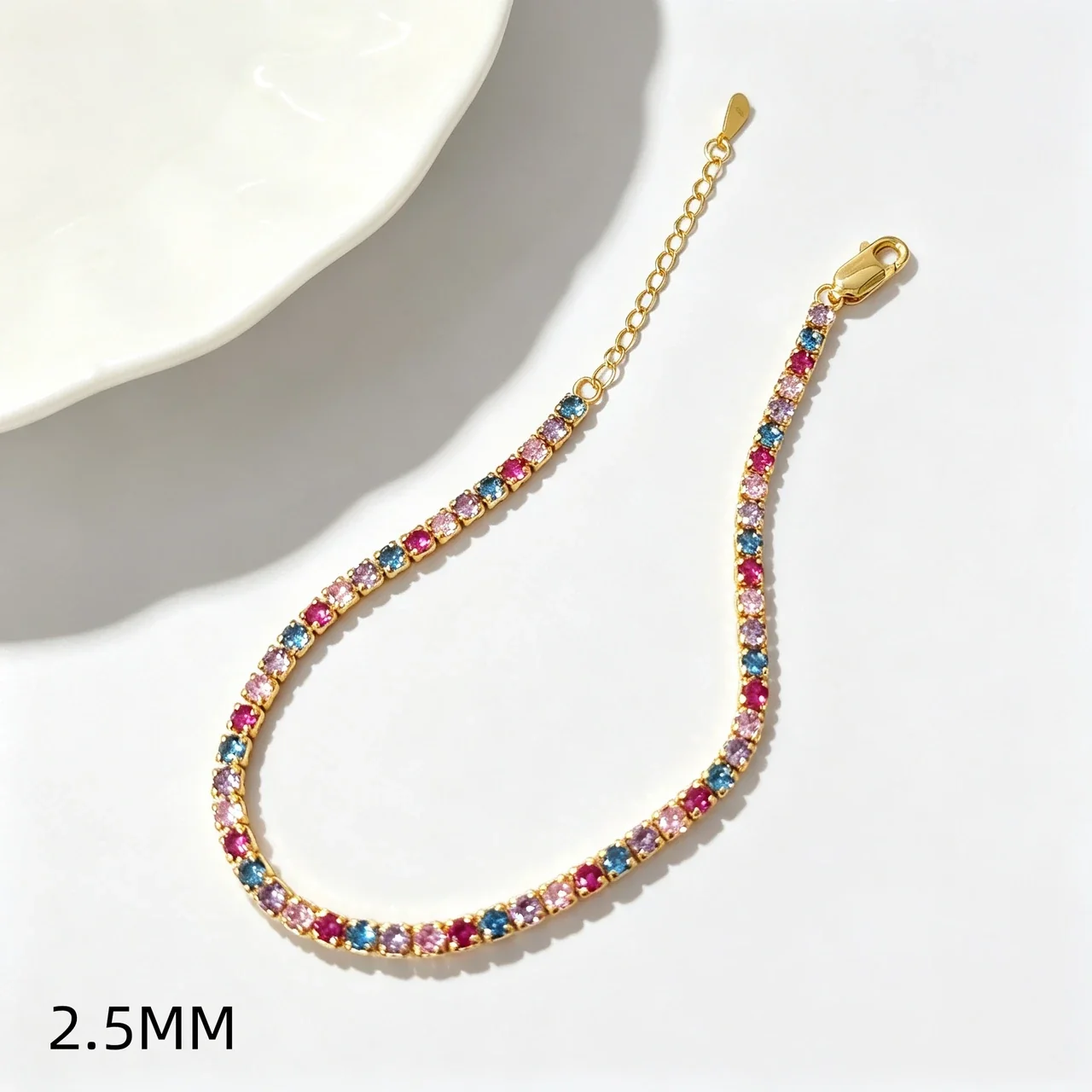 Vibrant 925 Sterling Silver Round Prong-Set Tennis Bracelet - 2.5 mm Multicolour Cubic Zirconia Gold