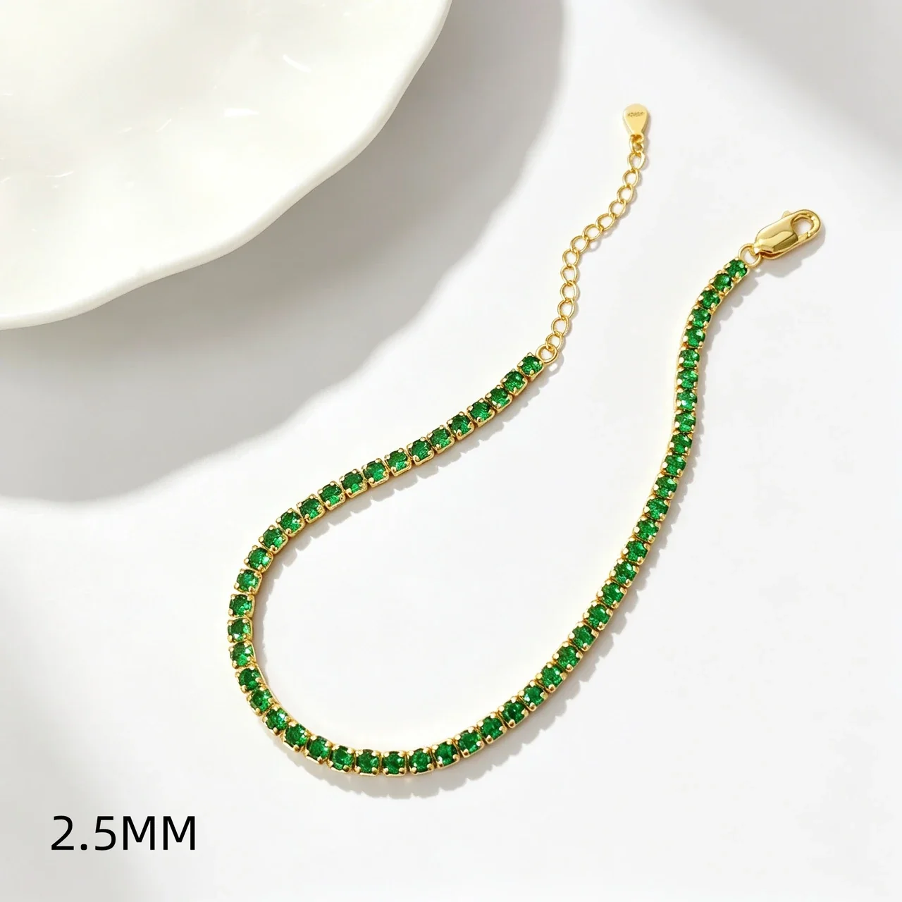 Vibrant 925 Sterling Silver Round Prong-Set Tennis Bracelet - 2.5 mm Green Cubic Zirconia Gold