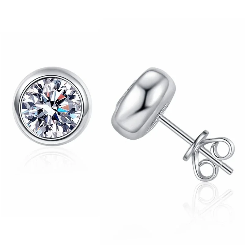 Polished Bezel Round Moissanite 925 Sterling Silver Stud Earrings