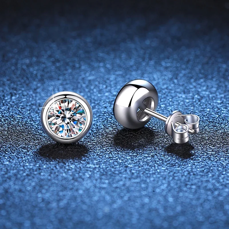 Polished Bezel Round Moissanite 925 Sterling Silver Stud Earrings
