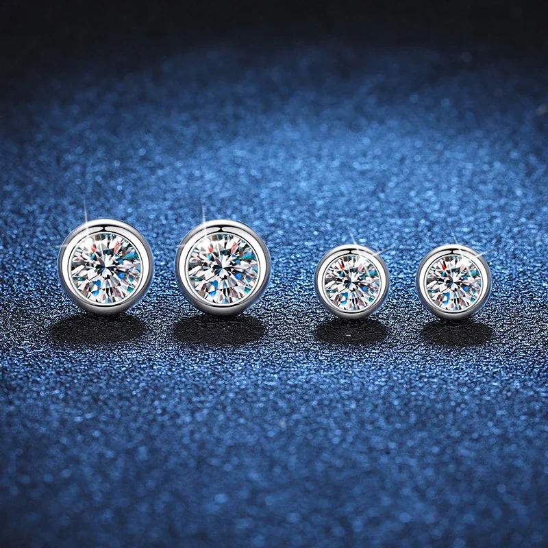 Polished Bezel Round Moissanite 925 Sterling Silver Stud Earrings