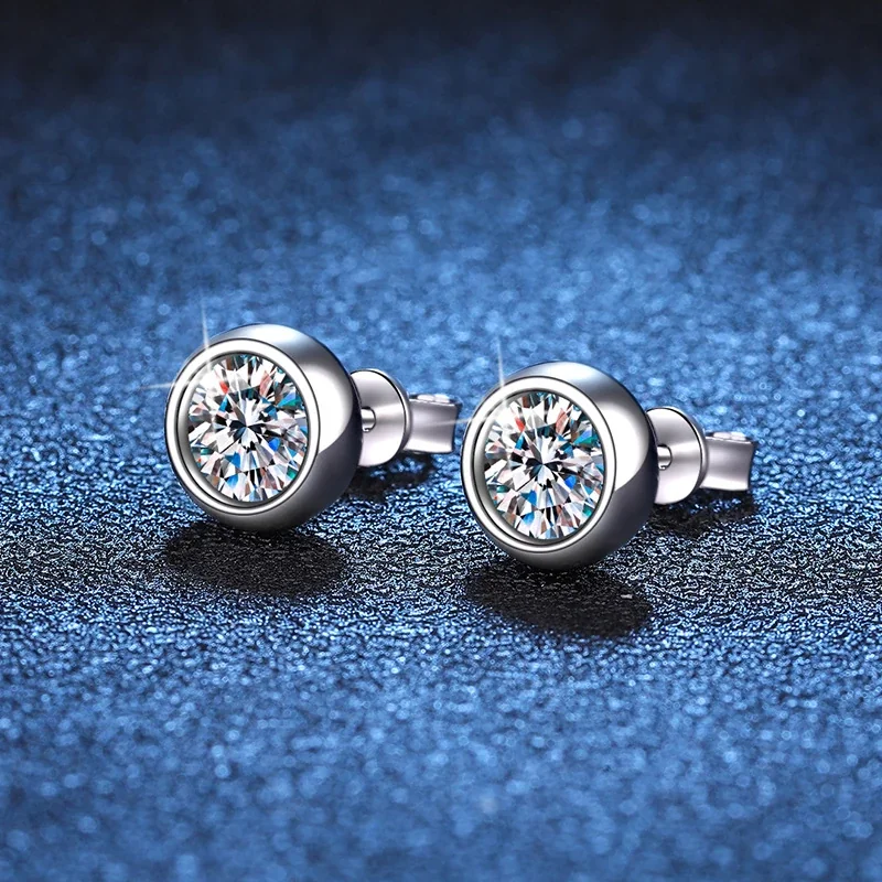 Polished Bezel Round Moissanite 925 Sterling Silver Stud Earrings
