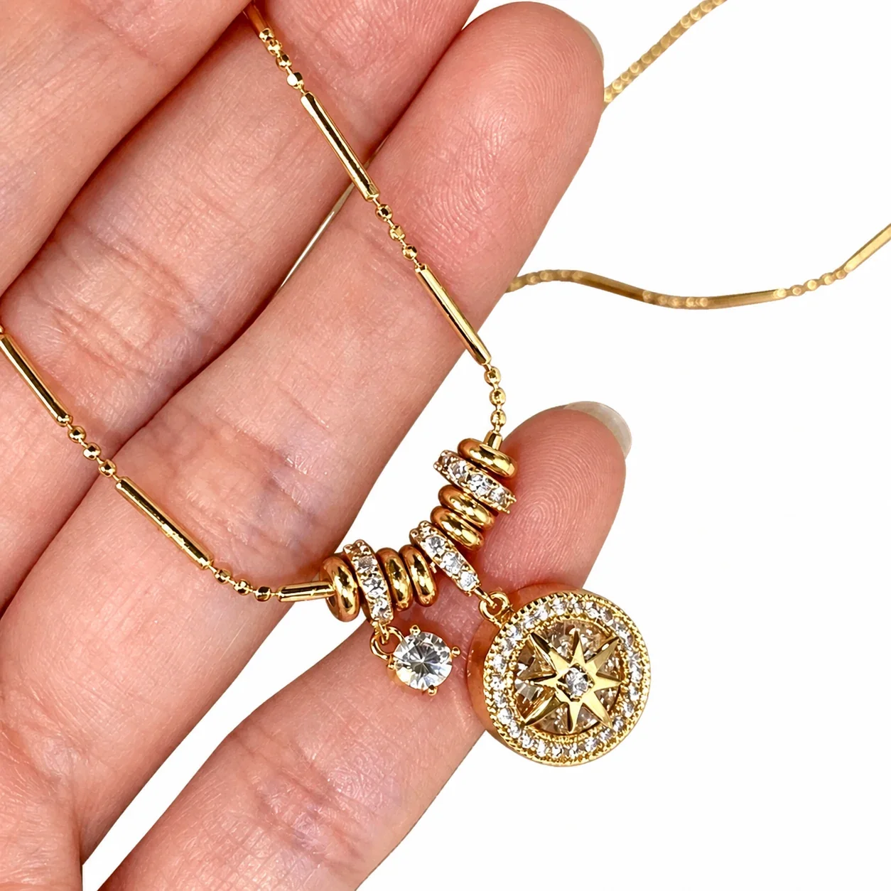 Ornate Gold-Plated Star Coin Bead-Bar Copper Necklace