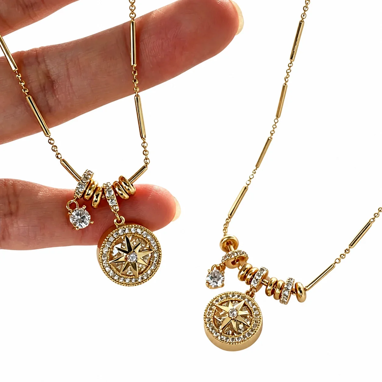Ornate Gold-Plated Star Coin Bead-Bar Copper Necklace