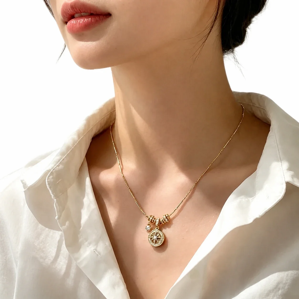 Ornate Gold-Plated Star Coin Bead-Bar Copper Necklace