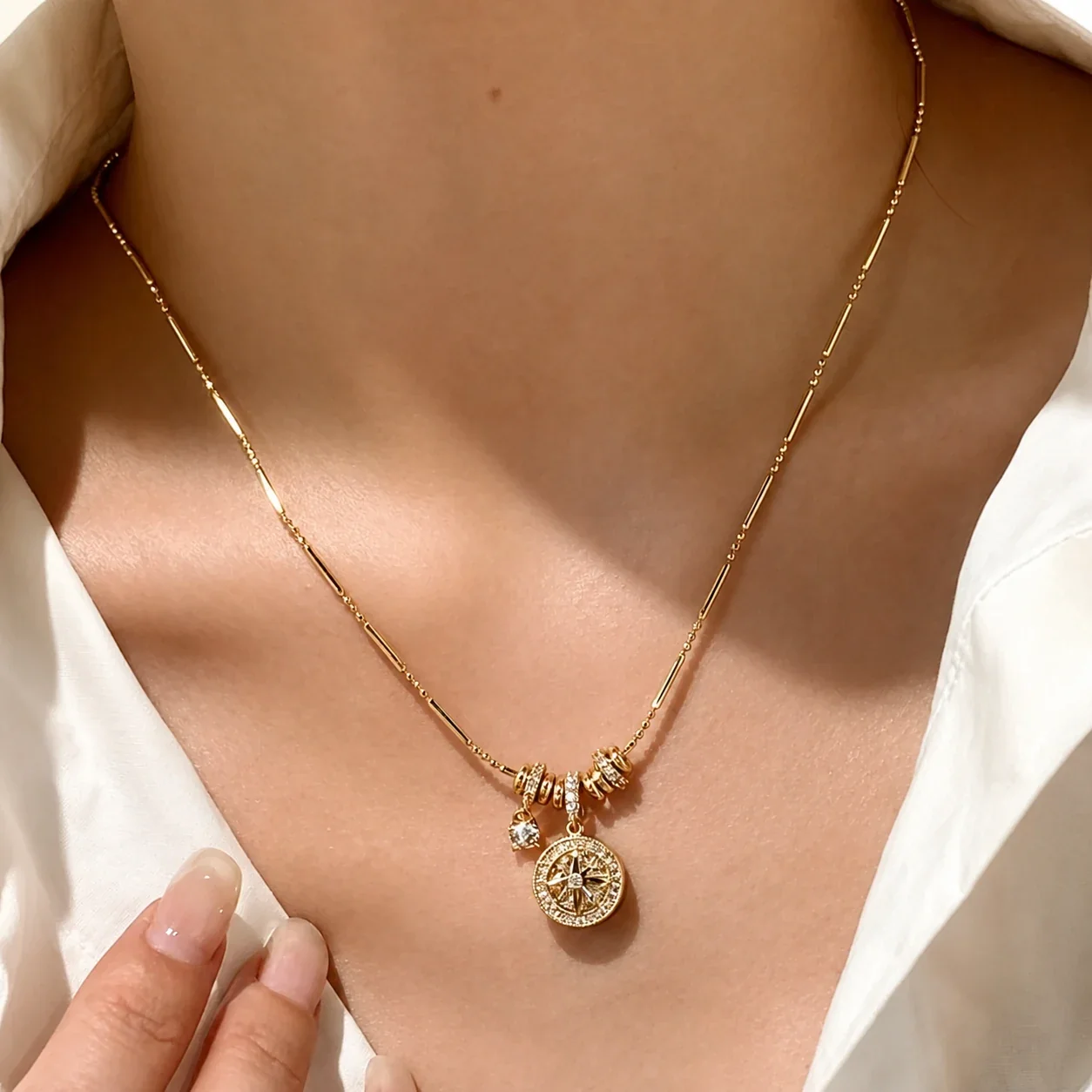 Ornate Gold-Plated Star Coin Bead-Bar Copper Necklace