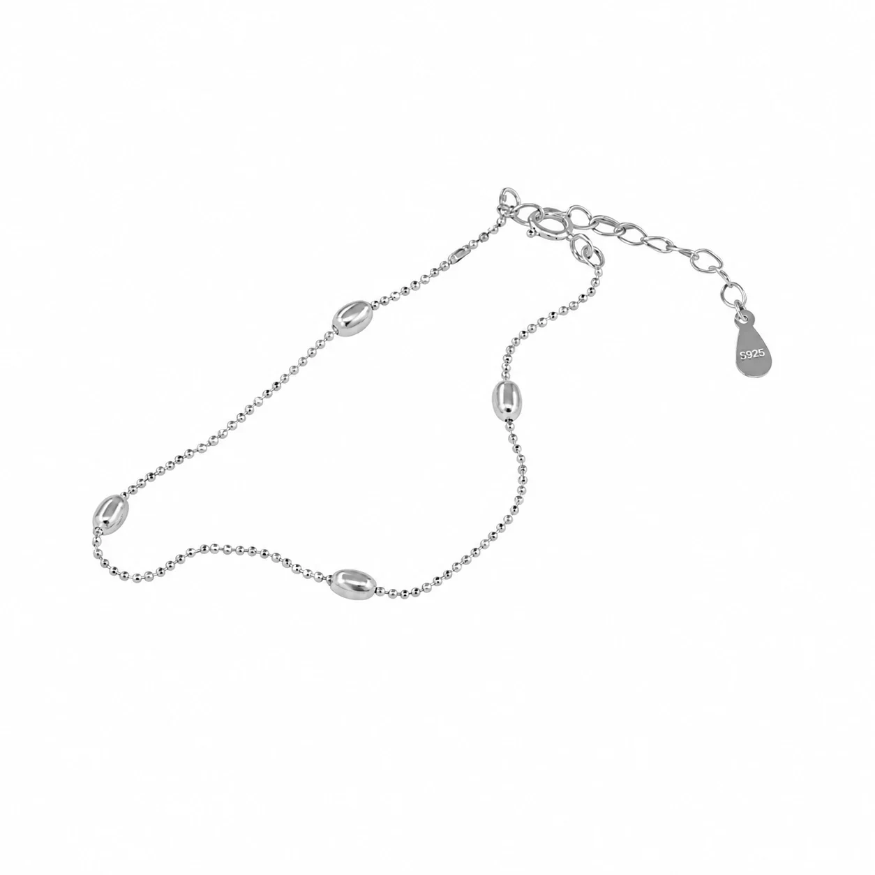 Delicate 925 sterling silver Oval Bead Ball Chain Bracelet