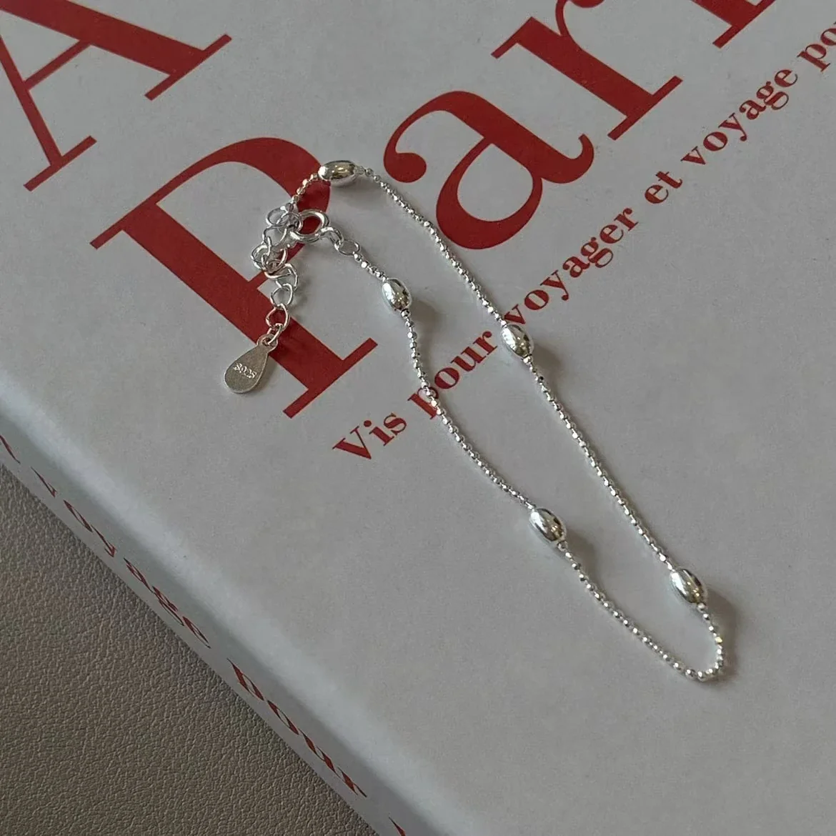 Delicate 925 sterling silver Oval Bead Ball Chain Bracelet