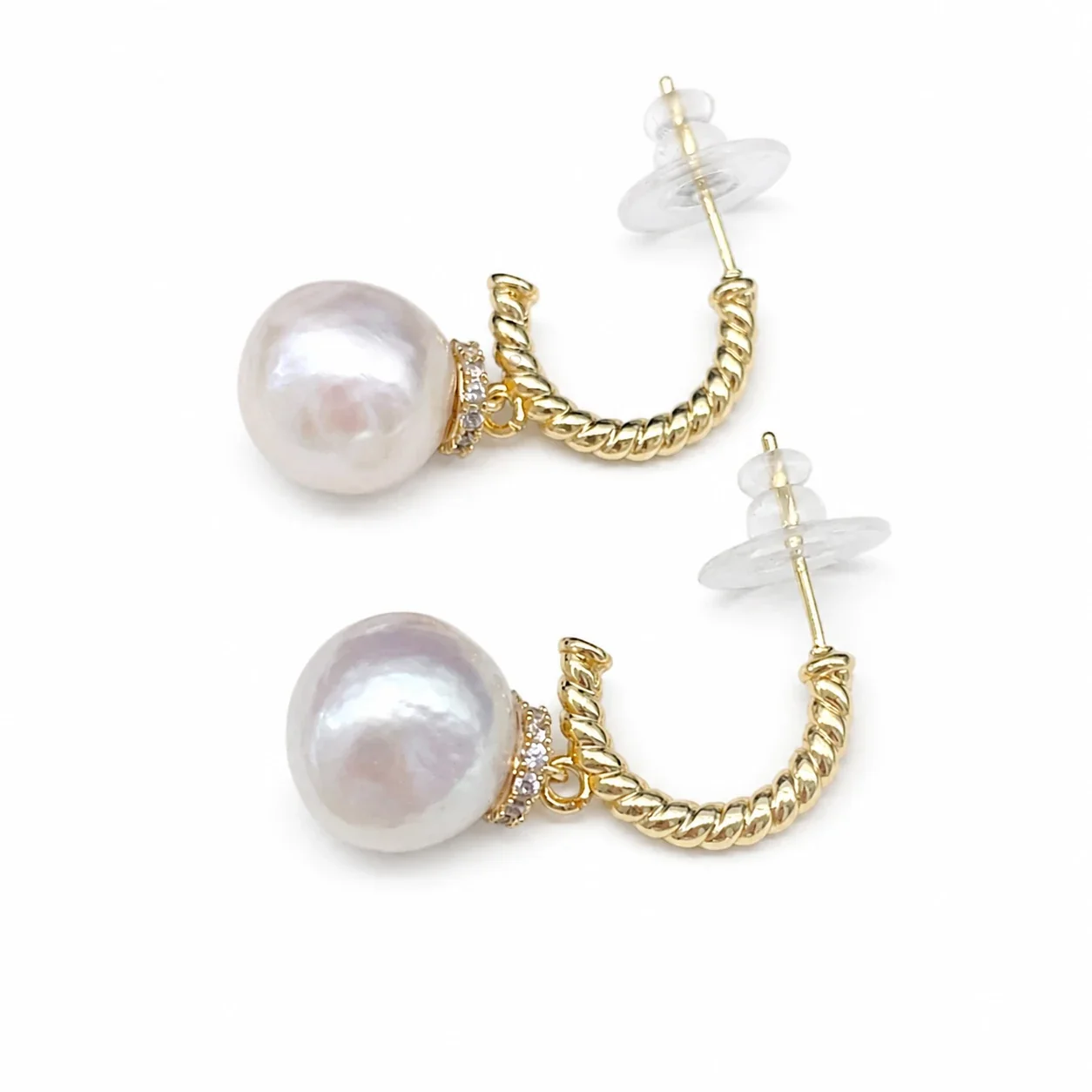 Twisted Gold-Plated Hoop Baroque Freshwater Pearl Drop Earrings