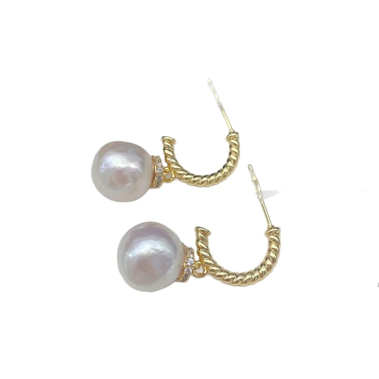 Twisted Gold-Plated Hoop Baroque Freshwater Pearl Drop Earrings