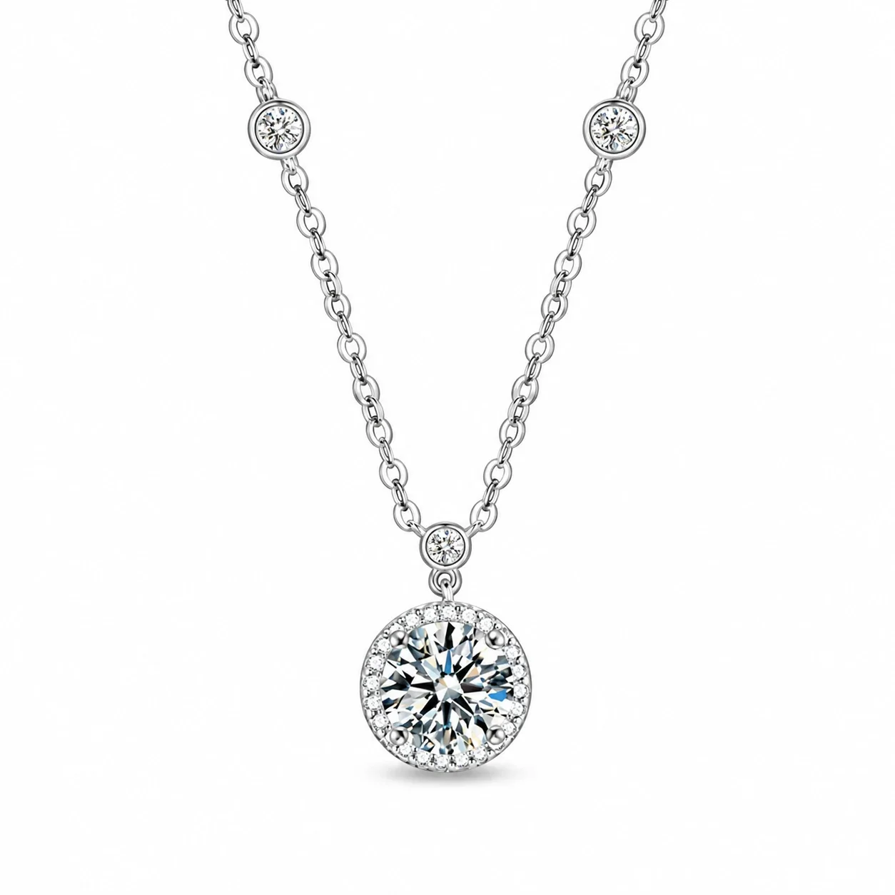 Celestial 925 Sterling Silver Halo Round Moissanite Necklace