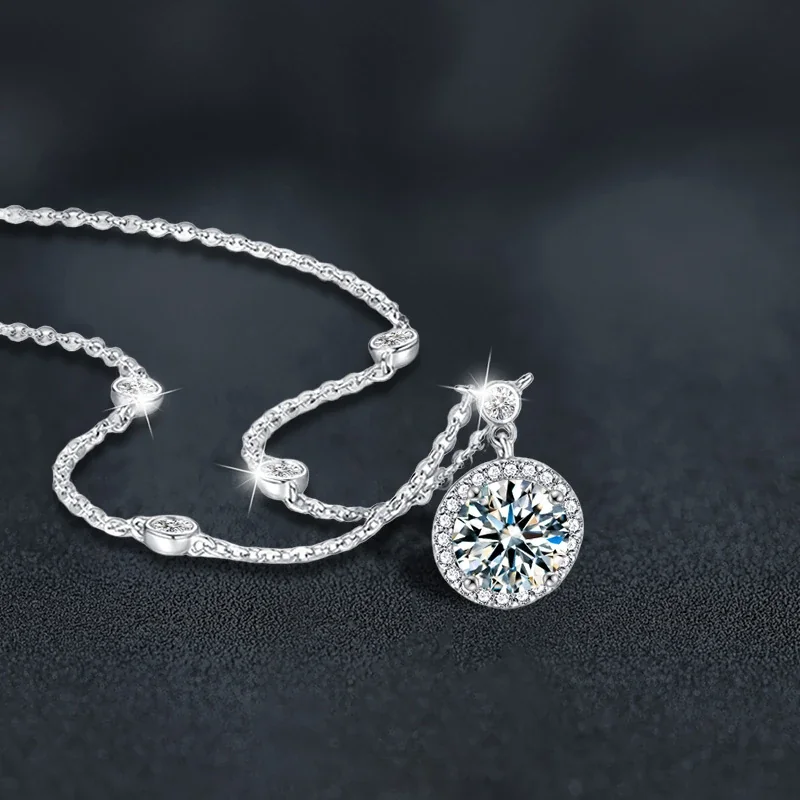 Celestial 925 Sterling Silver Halo Round Moissanite Necklace