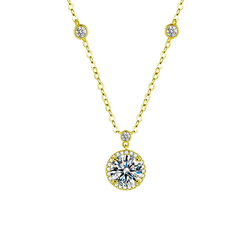 Celestial 925 Sterling Silver Halo Round Moissanite Necklace - Gold