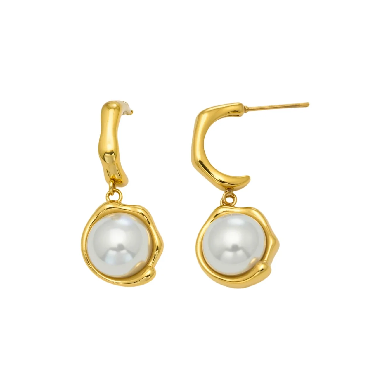 Sculptural Gold-Plated C-Hoop Pearl Drop Earrings