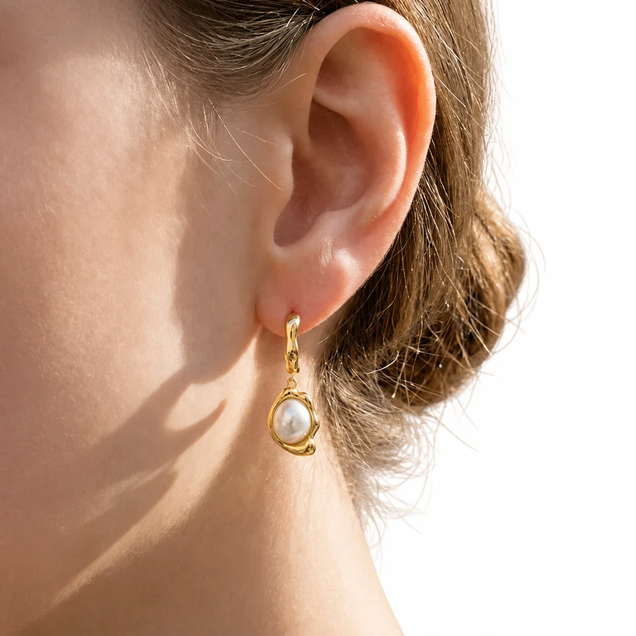 Sculptural Gold-Plated C-Hoop Pearl Drop Earrings
