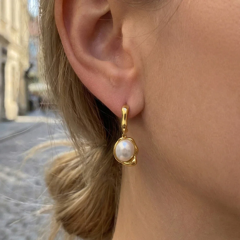 Sculptural Gold-Plated C-Hoop Pearl Drop Earrings