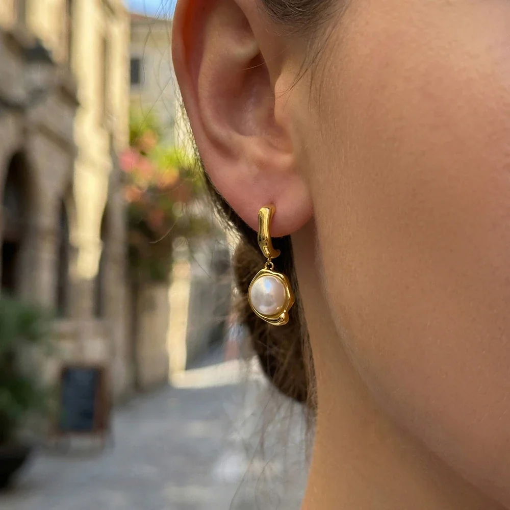Sculptural Gold-Plated C-Hoop Pearl Drop Earrings