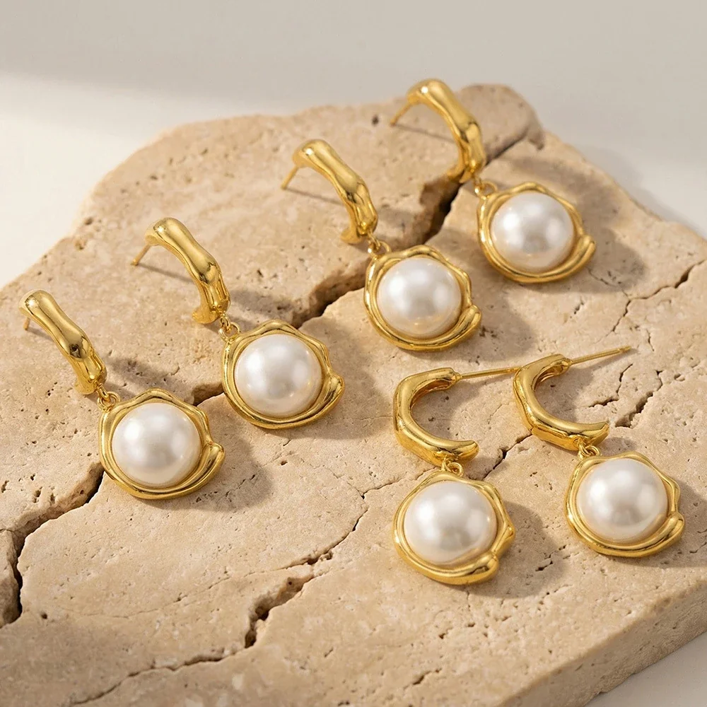 Sculptural Gold-Plated C-Hoop Pearl Drop Earrings