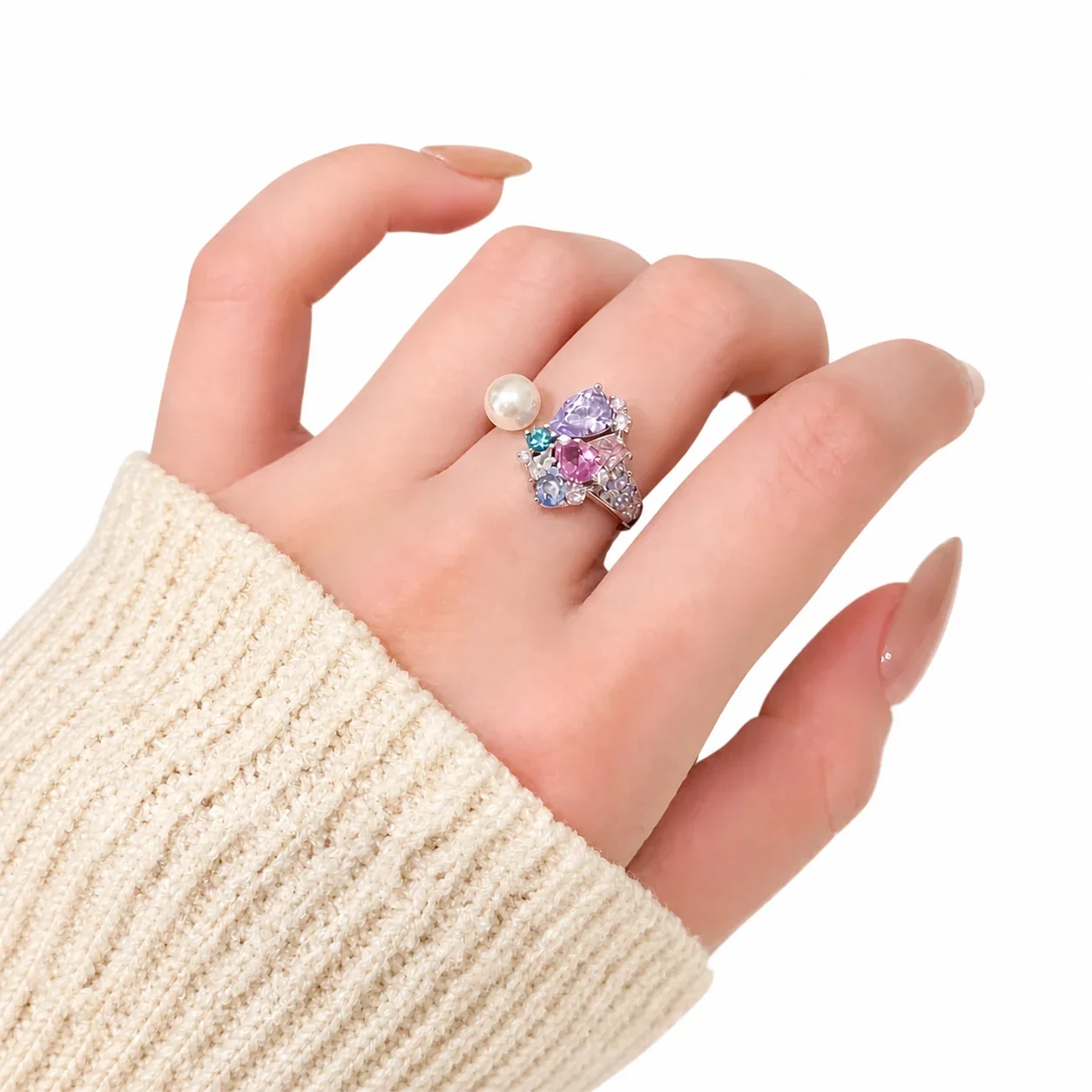 Ornate Silver-Plated Butterfly Pearl Cluster Open Ring