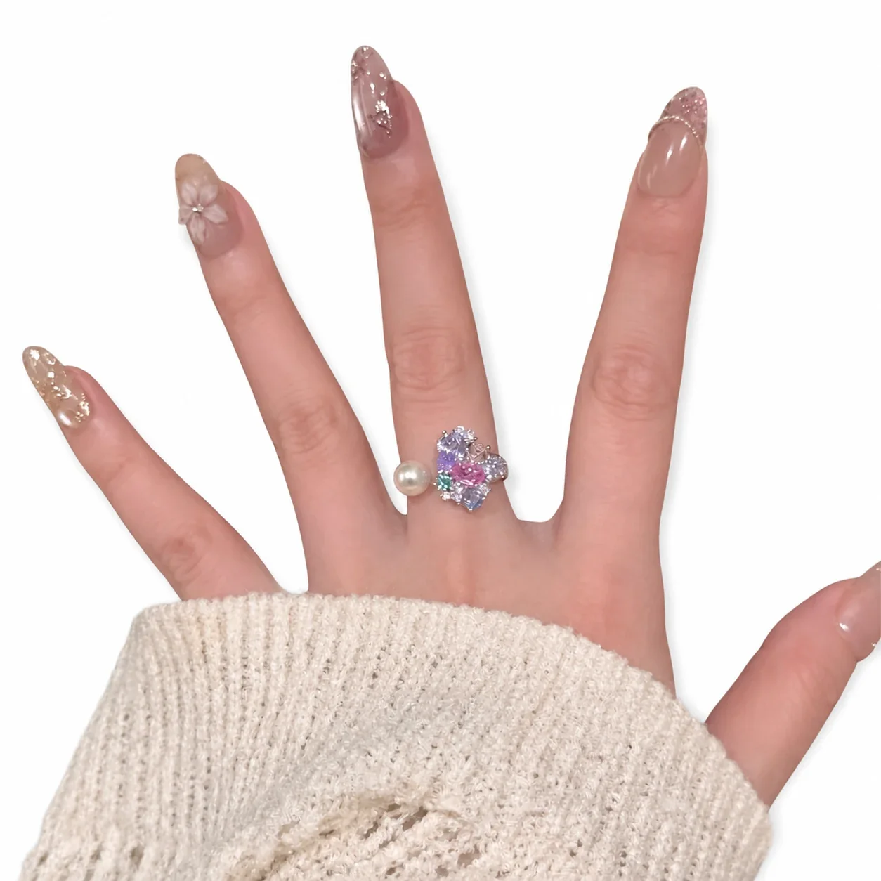 Ornate Silver-Plated Butterfly Pearl Cluster Open Ring