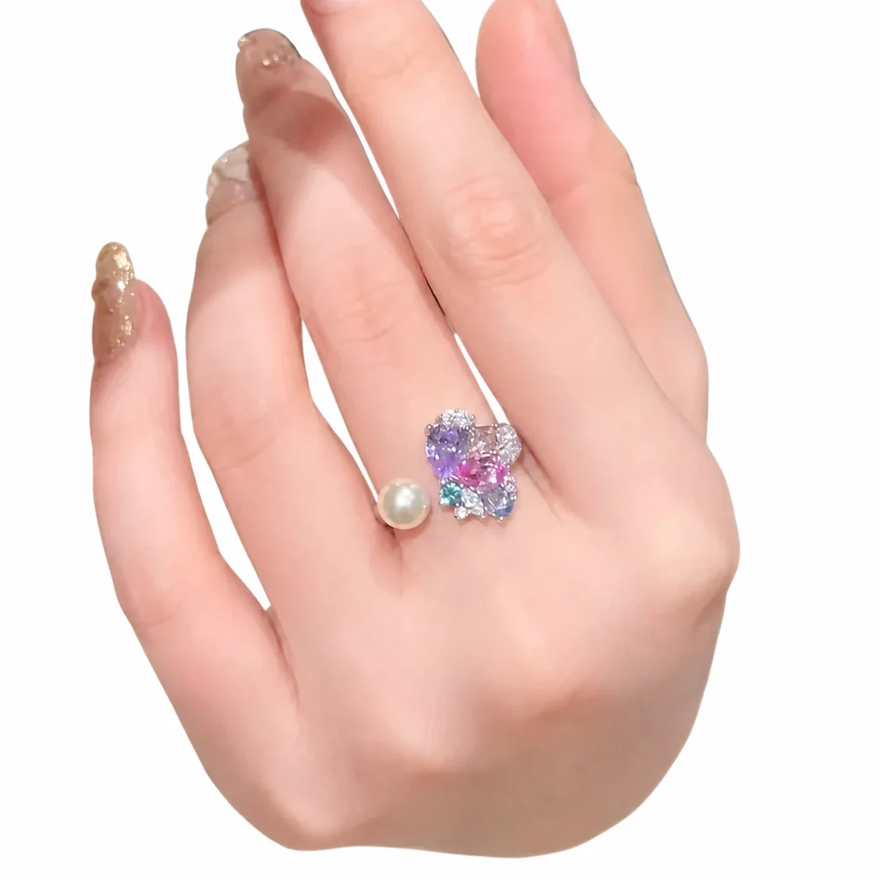 Ornate Silver-Plated Butterfly Pearl Cluster Open Ring