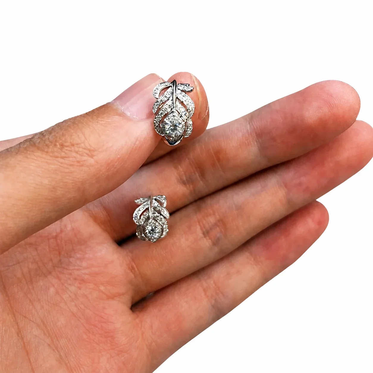 Delicate Silver-Plated Feather Pavé Crystal Copper Earrings