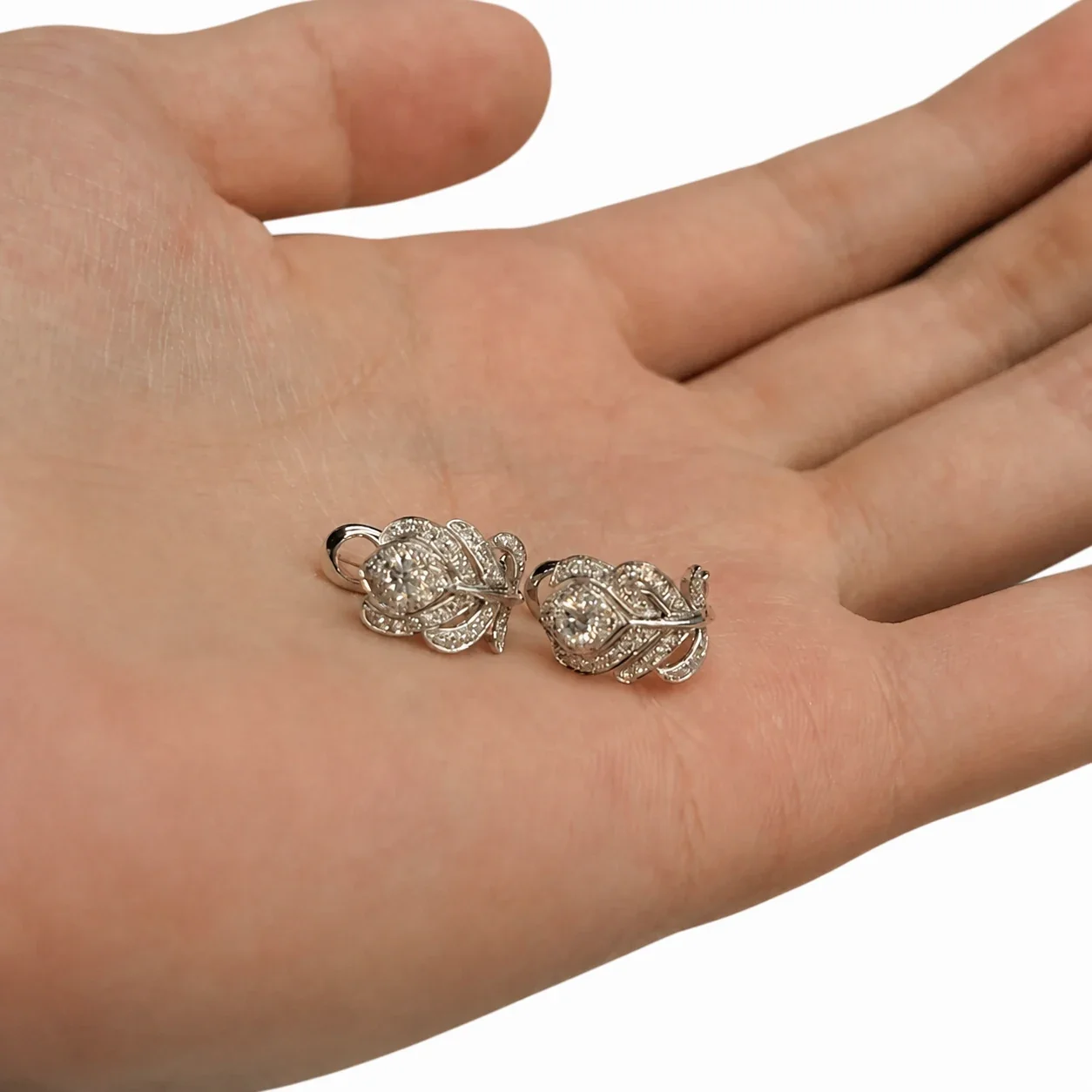 Delicate Silver-Plated Feather Pavé Crystal Copper Earrings