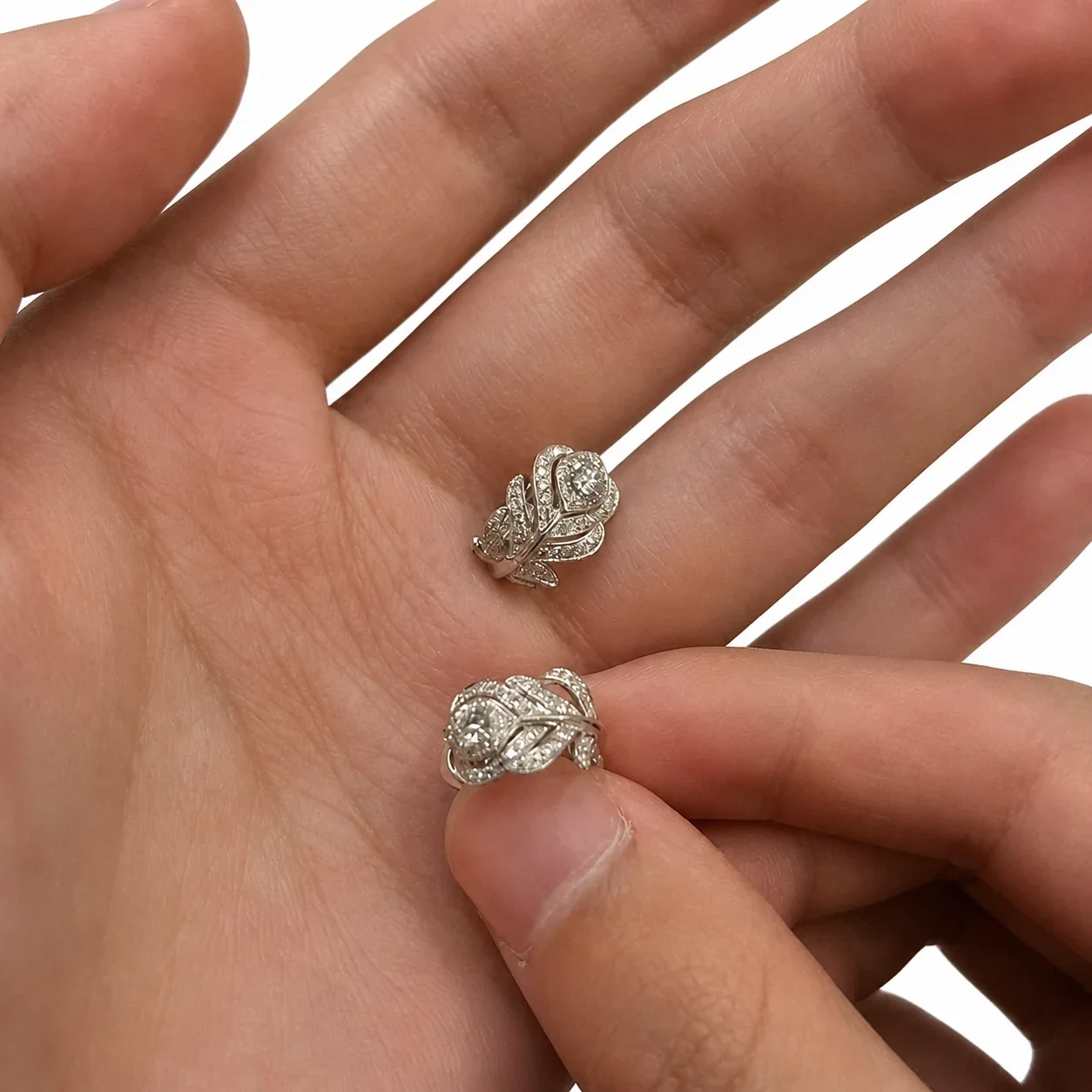 Delicate Silver-Plated Feather Pavé Crystal Copper Earrings
