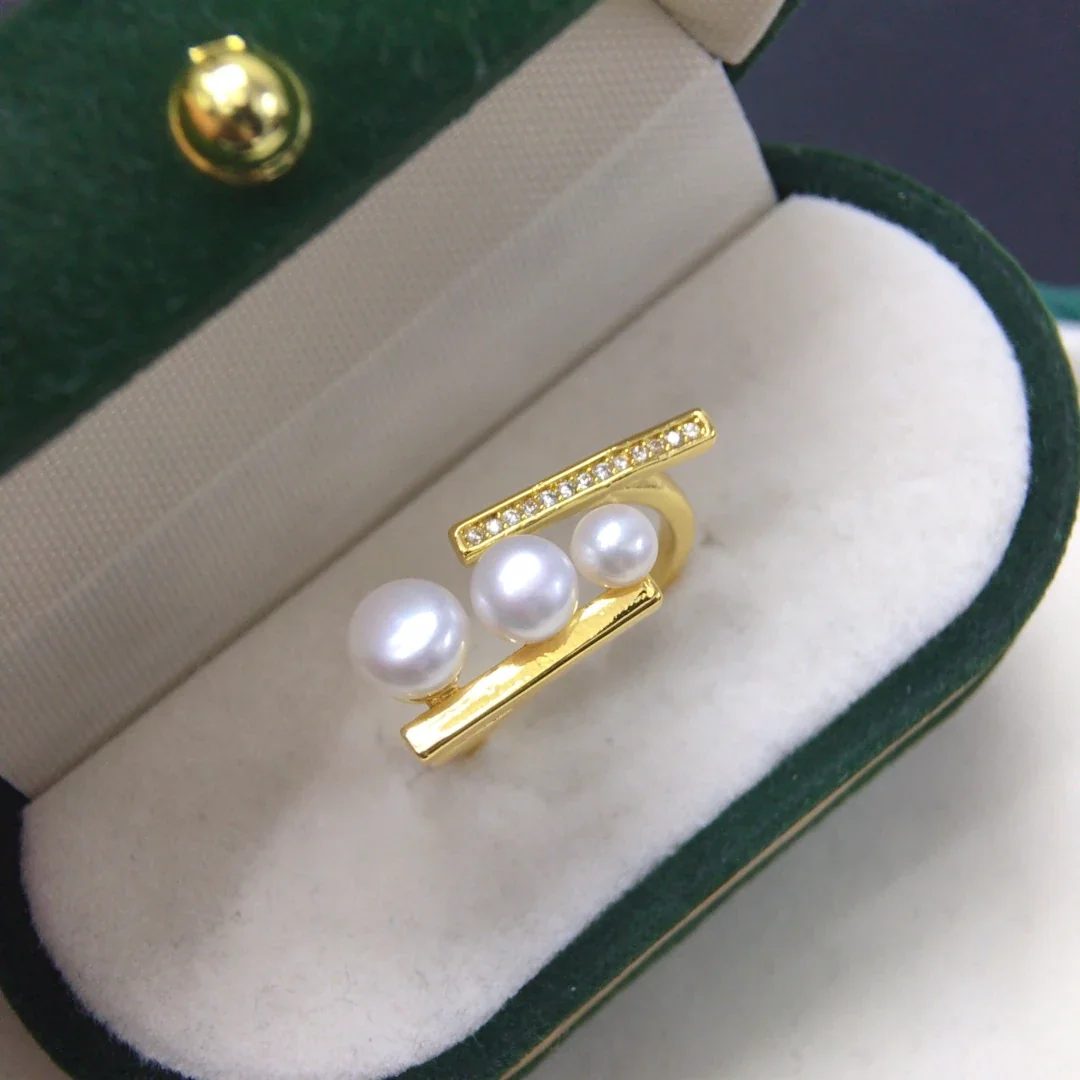 Asymmetric Gold-Plated Triple Pearl Bar Open Ring