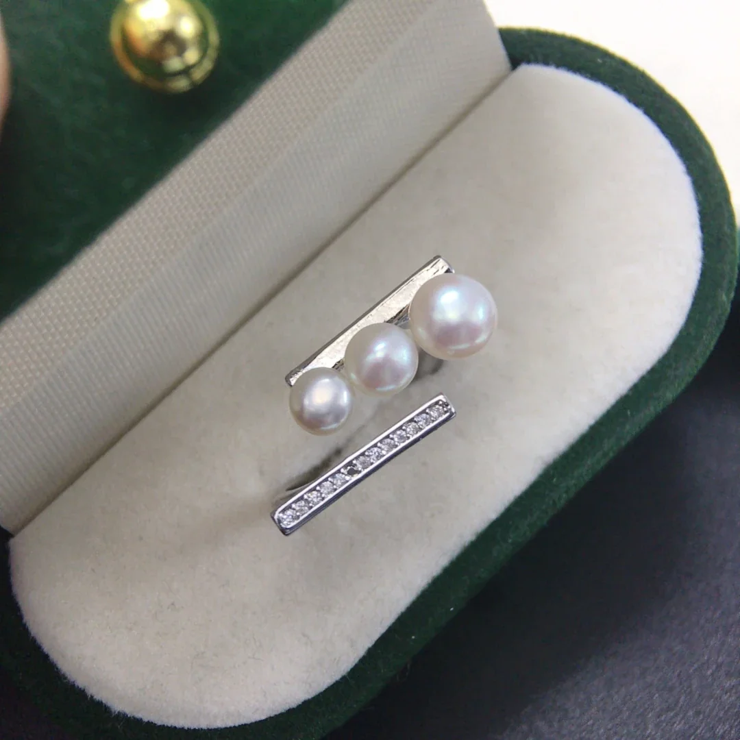 Asymmetric Gold-Plated Triple Pearl Bar Open Ring - Silver