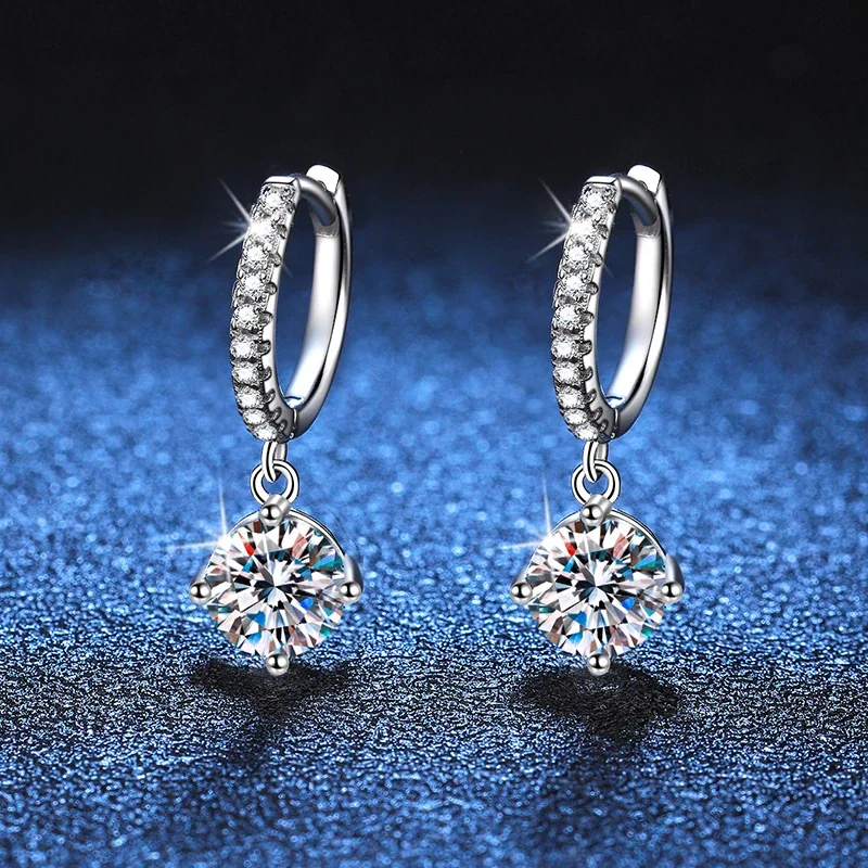Refined Pavé Hoop 925 Sterling Silver Moissanite Drop Earrings
