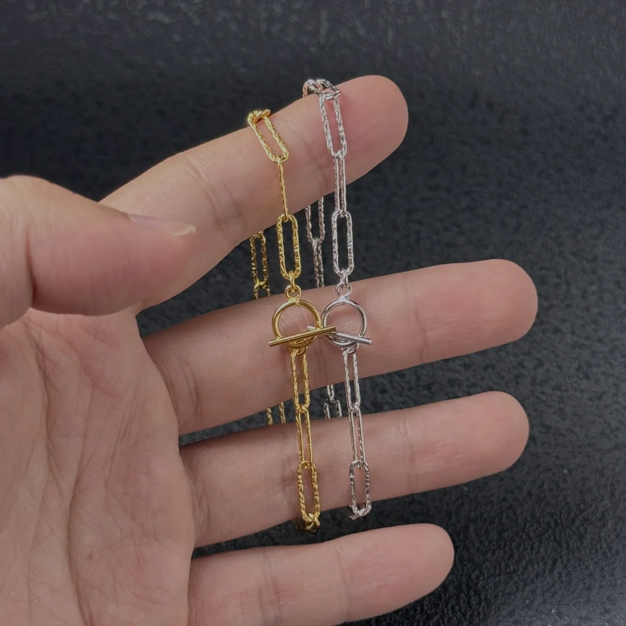 Textured Paperclip Link Toggle 925 Sterling Silver Bracelet