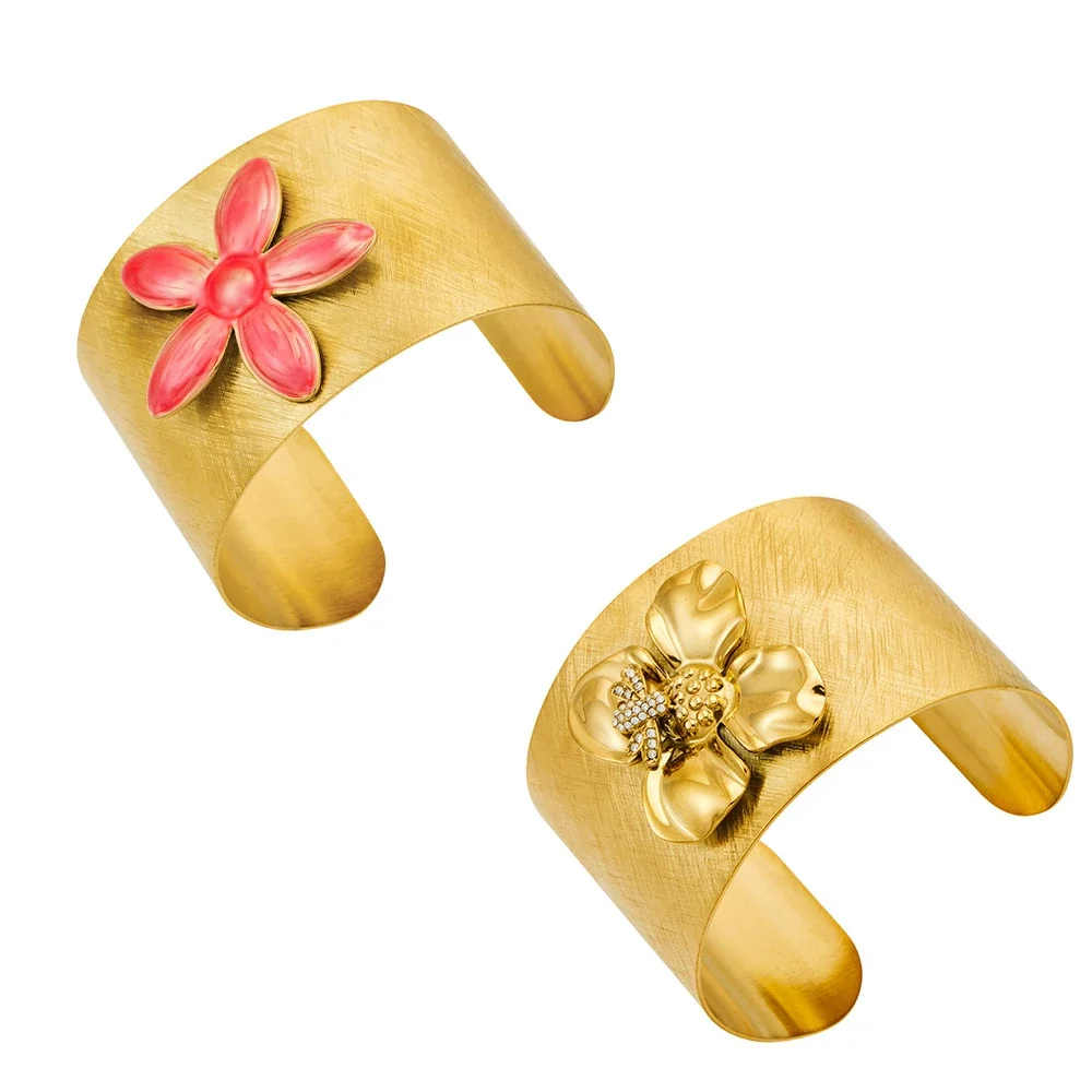 Radiant Brushed 18K Gold-Plated Flower Wide Cuff Bangle