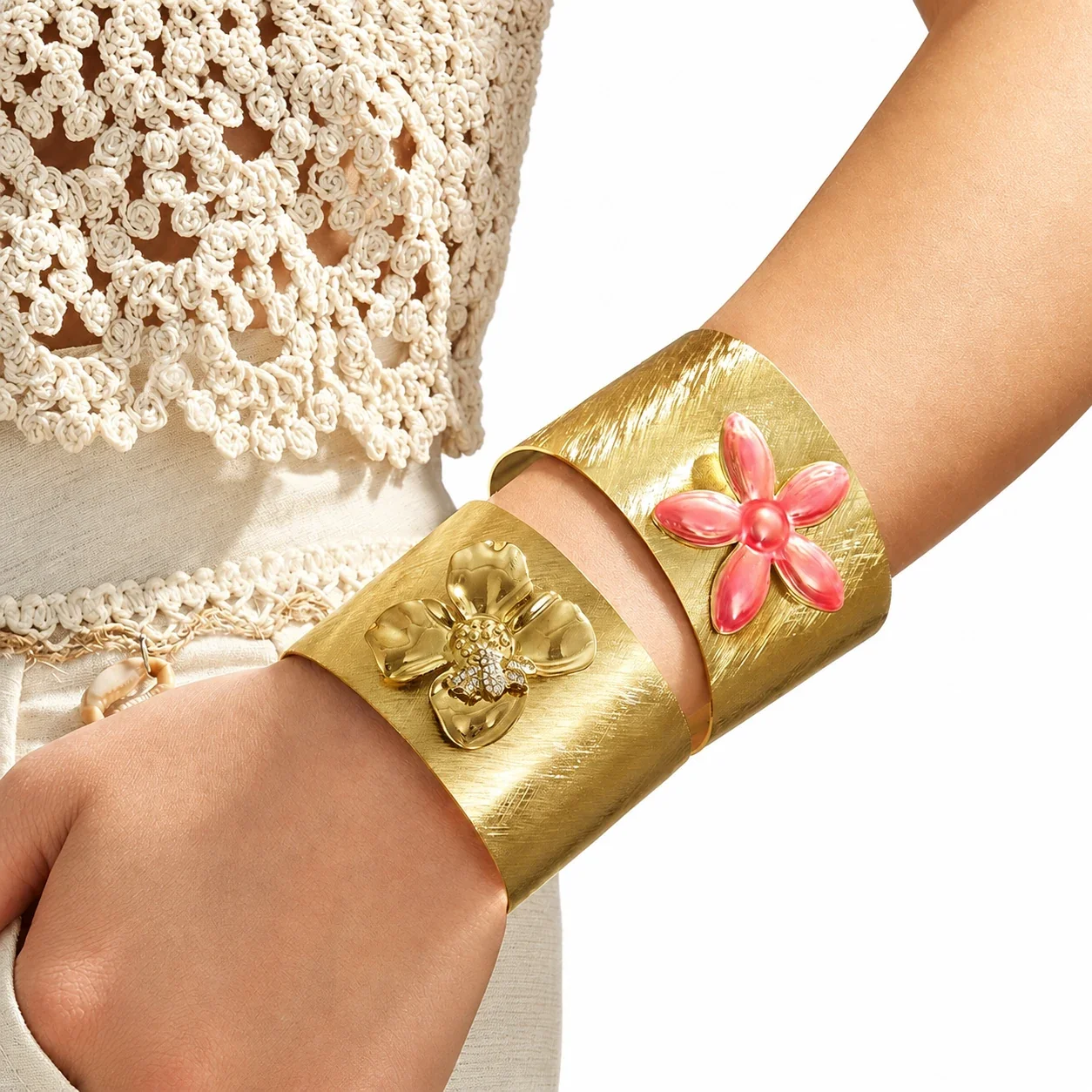 Radiant Brushed 18K Gold-Plated Flower Wide Cuff Bangle