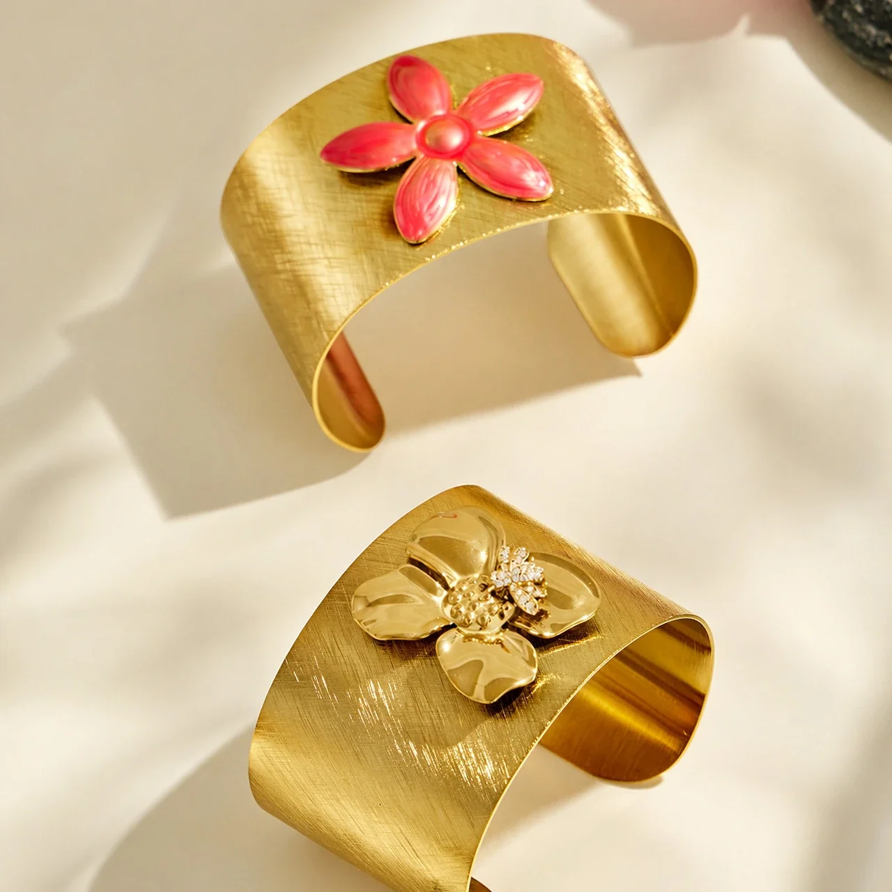 Radiant Brushed 18K Gold-Plated Flower Wide Cuff Bangle