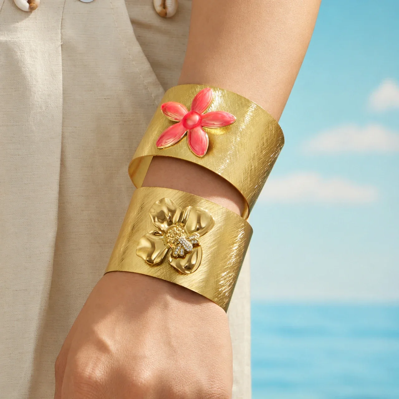 Radiant Brushed 18K Gold-Plated Flower Wide Cuff Bangle